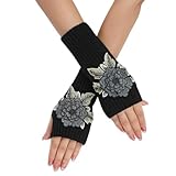 BODOBTF Gestickte Blumenhandschuhe für Herbst und Winter, kurz, modisch, gestrickt, Wolle, warme Fäustlinge, fingerlose Handschuhe für Damen, dunkelgrau, ONE SIZE_2PCS