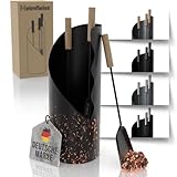 Heimfleiss® Kaminbesteck Schwarz Modern | Kaminzubehör mit Holzgriffen | Ofenbesteck Kaminbesteck Set | Hochwertiges Kaminset aus Schürhaken & Kehrset | Kaminofen Besteck | Kamingarnitur für Ofen