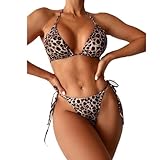 BSLVWG Damen Bikini Sets Dreieck Halter Schnürung-up Badeanzug Sexy Leopard Badeanzüge Krawatte Seite Bottom Zweiteilige Badebekleidung (DE/NL/SE/PL, Alphanumerisch, M, Regular, Regular, Braun)