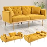 SUPPNEED Samt-Sofa, umwandelbares Futon-Sofa-Bett, Akzent-Sofa Liege, goldene Metallbeine, 2 Couch-Kissen, Mid Century Modern Sofas für Haus Wohnzimmer Schlafzimmer (Gelb)