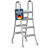 poolomio® Poolleiter Edelstahl mit Handlauf bis 120 cm | Einstiegsleiter mit 3 Stufen für Aufstellpools von 0,9 m bis 1,22 m | sicherer Einstieg, langlebig, stabil | Sicherheitsleiter Traglast 150 kg