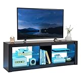 COSTWAY TV-Schrank mit LED-Beleuchtung, Fernsehtisch für Fernseher bis zu 65 Zoll, Fernsehschrank mit 2 verstellbaren Glastablagen und offenem Fach, Lowboard, TV-Regal für Wohnzimmer