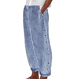 Leinenhose Damen Sommer Leichte Baumwolle 7/8 Sommerhose Casual Locker Freizeithose Weite Leg Hose Sommer Hohe Taille Elastischer Bund Stoffhose Yogahose Leinen Hose mit Taschen Workwear (A-Blue, M)