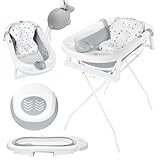 Primabobo Faltbar Babybadewanne, Große Babywanne faltbar, Kinderbadewanne mit Badesitz, für Babys von 0-36 Monaten (MyToy Grau (Badekissen, Spielzung), Faltbare Babybadewanne mit Gestell)