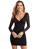 DIDK Damen Netz Ärmel Kleider Bodycon Tief V-Ausschnitt Bleistiftkleid Minikleid Sexy Mesh Partykleid Figurbetont Shortkleid Hohe Taille Langarmkleid Schwarz S