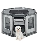 lionto Welpenauslauf aus Oxford-Gewebe, atmungsaktives Netz mit Reißverschluss & Seitentasche, Freilaufgehege für Hunde & Katzen mit Rahmen aus PVC-Rohren, achteckiger Hundekäfig, 72x72x43 cm, grau