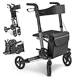 Juskys Rollator Vital schwarz - Gehhilfe faltbar & leicht aus Aluminium bis 130kg - Laufhilfe höhenverstellbar mit Sitz, Tasche & Regenschirmhalterung