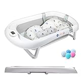 Faltbare Babybadewanne mit rutschfestem Badekissen/Badewanne XXL mit Thermometer zur Kontrolle der Wassertemperatur / 3-Stufen-Badewanne - Ab Geburt bis 2 Jahre / 5 Plastikbälle gratis - (GREY)