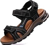 visionreast Herren Outdoor Sports Sandalen Trekking Leichte Leder Strand Wandersandalen Männer Sommer Klettverschluss Offroad Sandale Schuhe Waterproof, Schwarz1, 43 EU