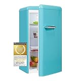 Exquisit Retro Kühlschrank RKS100-V-H-160F taubenblau, 94 L Volumen, Kühlschrank Retro freistehend, Türablagen & Glasablagen, LED-Licht