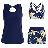 JASAMBAC Tankini Damen GroßE GrößEn,Badeanzug Damen Bauchweg.3-Teiliger Bikini Set,Push-Up-Bikinioberteil Und High Waist Badeshorts, Einfache Badebekleidung, Sport-Badeanzüge