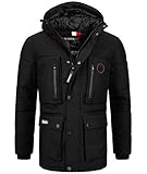 Geographical Norway Herren Winterjacke Parka Jacke Kapuze Hoodstrings Chest, Pocket & Sleeve Patch, schwarz, Gr:S