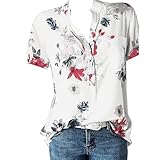 Damen Bluse Kurzarm T Shirt Tops Bunte Blumenmuster Druck mit Kragen Kurz Ärmel Tunika Lose Knöpfe Oberteile Tshirt Sommershirts Mode Lose V-Ausschnitte Elegant Damenblusen Hemdbluse