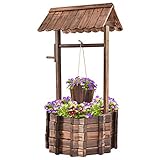 COSTWAY Holzbrunnen mit Dach Wunschbrunnen Blumenkübel Dekobrunnen Blumentopf Garten Dekoration für Draußen Veranda 56x56x114cm