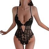 KONFEN Sexy Damen Dessous Set, Erotische Translucent Spitze Riemchen Bodysuit Frauen, Ausgeschnittene Brust Overall Lingerie mit Loch Reizwäsche BH und Höschen Body Suit Unterwäsche (Schwarz)