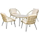 Outsunny 5 TLG. Rattan Sitzgruppe, Gartenmöbel-Set, Sitzgarnitur inkl. 1 Esstisch, 4 Stühlen, Gartengarnitur mit Sitzkissen, für Balkon, Terrasse, Polyester, Beige