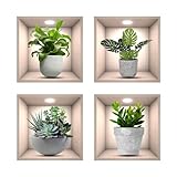 Wandtattoo Pflanzen, 4pcs Realistic Green Topted Pflanze Wasserdichte Wandkunst Aufkleber 3D Vinyl Abnehmbare Wandaufkleber für Wohnzimmer Schlafzimmer Badezimmer Küche Büro Dekor