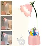 XunHe Schreibtischlampe Kinder mit Stifthalter, Dimmbare LED Nachttischlampe 3 Farbtemperaturen, Tischlampe mit 360° Flexibel Arm Schwanenhal, Wiederaufladbare Schreibtischlampe für Lesen, Lernen