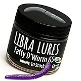 Libra Lures Fatty D`Worm 65mm Forellenköder Supersoft | 10 Stück | Aroma: Käse | Farbe: 020/ Purple with Glitter | Gummiköder | Forellenköder Neuheiten | Erfolgreicher Forellen Angeln mit dem Fatty