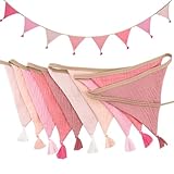 Girlande Wimpelkette Kinderzimmer, 2.6m Musselin Baumwolle Stoff Wimpelkette mit Quasten, Babyzimmer Deko Wimpel, Wetterfest Wimpel Outdoor Kinderzimmer für Mädchen und Junge (A)