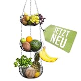 BS Obstkorb hängend – hochwertiger Hängekorb im modernen Stil Aufbewahrung Obst und Gemüse – Obstschale – Kräuterampel – Etagere – Brotkorb – Deko für Küche Haushalt inkl 2 Haken (Farbe: Schwarz)