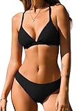 CUPSHE Damen Bikini Set Triangel V Ausschnitt Low Waist Lace Up Bademode Zweiteiliger Badeanzug Swimsuit Schwarz L