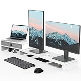 Fenge Dual Monitorständer mit Schublade für PC Computer Laptop Printer, Monitorständer Riser, Länge und Winkel Einstellbar,78,3-113x23,5x7,3cm, Weiß