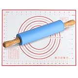 Nudelholz Silikon Teigroller mit Holzgriff, Antihaft Teigrolle, 30.5cm Nudelhölzer zum Backen für Pizza Nudelteig Kuchen Fondant Cookie Gebäck, Backrolle mit Backmatte(30x40cm) (Blau)