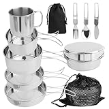 RISVOWO Camping Geschirr Set 10 Teiliges, Edelstahl Campingbesteck Zubehör, Outdoor Reisebesteck Set 2 Personen mit Faltbare Messer Gabel Löffel, Kochgeschirr für Picknick Backpacking Camping Wandern