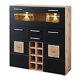 Stella Trading SONATE Barschrank in Eiche Altholz Optik, Schwarz - Modernes Highboard mit Flaschenregal und LED-Beleuchtung - 120 x 128 x 37 cm (B/H/T)