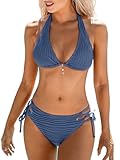 CUPSHE Damen Bikini Set V Ausschnitt Neckholder Low Waist Lace Up Bikini Wasserwellen Strukturierte Bademode Zweiteiliger Badeanzug Swimsuit Stahlblau S