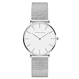 HANNAH MARTIN Damen Uhren Analog Quarz Edelstahl Wasserdicht Mesh Ultradünne (Weiß Oberfläche ，Silber Armband)