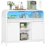 Hzuaneri Sideboard mit LED-Beleuchtung, Küchenschrank mit Steckdosenleiste, Aufbewahrungsschrank mit 2 Schiebetüren, verstellbare Trennwände, Küche, Esszimmer, 35 x 100 x 80 cm, Weiß SC00103WEU