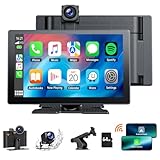 Volam 9 Zoll Wireless A-pple Carplay Display Android Auto, Tragbares Autoradio Carplay Bildschirm mit 4K Dashcam Auto Vorne Hinten,1080P Rückfahrkamera, Mirror Link, GPS, G-oogle,Siri, 64G SD-Karte