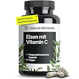 natural elements Eisen 20mg (aus Eisenbisglycinat) pro Kapsel – mit 42mg natürlichem Vitamin C – vegan, geschmacksneutral – 180 Kapseln – Premium-Rohstoff: FerrochelTM (Eisen-Chelat)