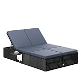 Casaria® Sonnenliege 2 Personen mit Klapptisch Gartenliege 7cm Auflagen Wetterfest 400kg Belastbar Liegestuhl Verstellbar Schwarz Anthrazit 200x115cm