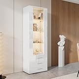 DACHETOU Weiße Hochglanzvitrine 60x35x80cm,Vitrine Glasvitrine, Standvitrine,Vertikale Vitrine mit 3 Schubladen