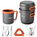 Odoland Aufgewertetes Camping Geschirr Set-teiliges Outdoor Kochgeschirr Aluminium Camping Töpfe mit Brenner Becher Faltbare Besteck Mini Campingkocher für Outdoor Picknick Wandern