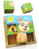 Flayrae® Würfelpuzzle Holz 12x12cm - Deutschlands beliebteste Haustiere - 9 Montessori Bilderwürfel - Ideale Herausforderung für Kinder