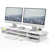 Fenge Dual Monitorständer Riser mit 2 Acryl Schubladen 108cm Große Computer Bildschirmständer für PC/Laptop/Fax/Drucker/TV Bildschirm,Weiß