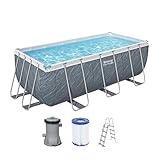 Bestway Power Steel Frame Pool Set mit Filterpumpe 412 x 201 x 122 cm, Marmor-Optik (Schiefergrau), eckig