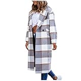 Vasreyy Damen Mantel Winter Warm Button Down Revers Wollmantel mit Taschen Langarm Wolljacke mit Gürtel Elegant Winterjacke Lang Wintermantel Klassische Trenchcoat Einfarbig/Kariertes