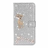 Ufgoszvp Handyhülle für iPhone Air Hülle Glitzer Weihnachten Hirsch Strass Leder Tasche Flipcase Cover Silikon Schutzhülle Handytasche Skin Ständer Klapphülle Schale Bumper Magnet Clip Silber