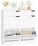 IRONCK Schuhschrank mit 4 Klappen, Schuhkipper Schmal mit 2 Schubladen, freistehendes Schuhregal, Schuhkommode mit verstellbaren Trennwände, Schuhablage Schrank für Flur Eingang und Wohnzimmer (Weiß)