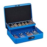 Relaxdays Geldkassette, 3-stellige Zahlenkombination, Münzeinsatz, Geldkasten Eisen, H x B x T: 8,5 x 30,5 x 25 cm, blau