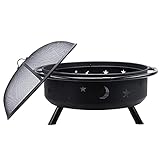 ZJFHEYUO Feuerstellen Outdoor, Outdoor Garten BBQ Terrasse, Metall-Feuerschale Mit Funkenschutzgitter, Extra Inklusive Schürhaken Und Abdeckung,76 cm / 30 Zoll