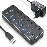 RSHTECH USB Hub Aktiv 3.0 mit Netzteil, Aluminium USB 3.0 Hub mit 7 USB 3.0 Ports, USB 3.0 Port Verteiler für Datenübertragung mit 10W (5V/2A) Netzteil, RSH-518-2