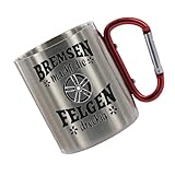 Crealuxe Edelstahltasse mit Karabiner - Bremsen macht die Felgen dreckig - Tasse personalisiert, Kaffeetasse, Bürotasse, Metalltasse mit Name