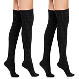 SATINIOR 2 Paar Damen Kniestrümpfe Overknee Strümpfe Oberschenkelhohe High knee Socken Mädchen Trachtensocken für Bierfest(Schwarz)