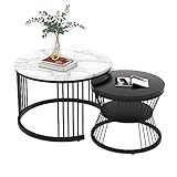 Merax Runder Couchtisch 2er Set, Moderne Beistelltisch mit Hochglanz Marmorstruktur für Wohnzimmer, Satztisch für Empfangszimmer, Balkon, und Büro, Metallgestell, Einzigartige Form, Schwarz & Marble